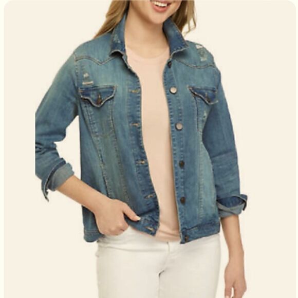 Democracy distressed, blue denim jacket. - Picture 1 of 7